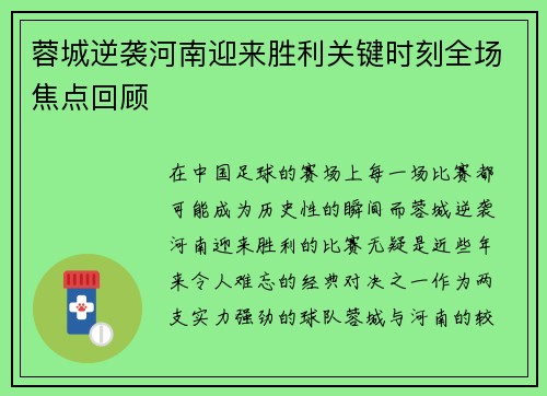 蓉城逆袭河南迎来胜利关键时刻全场焦点回顾