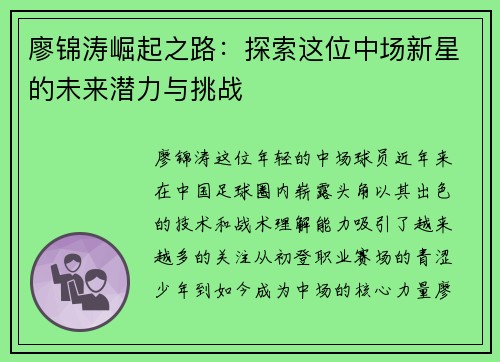 廖锦涛崛起之路：探索这位中场新星的未来潜力与挑战